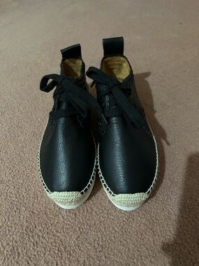 See By Chloe Black Leather Lace-Up Sneakers with Cream Woven Trim